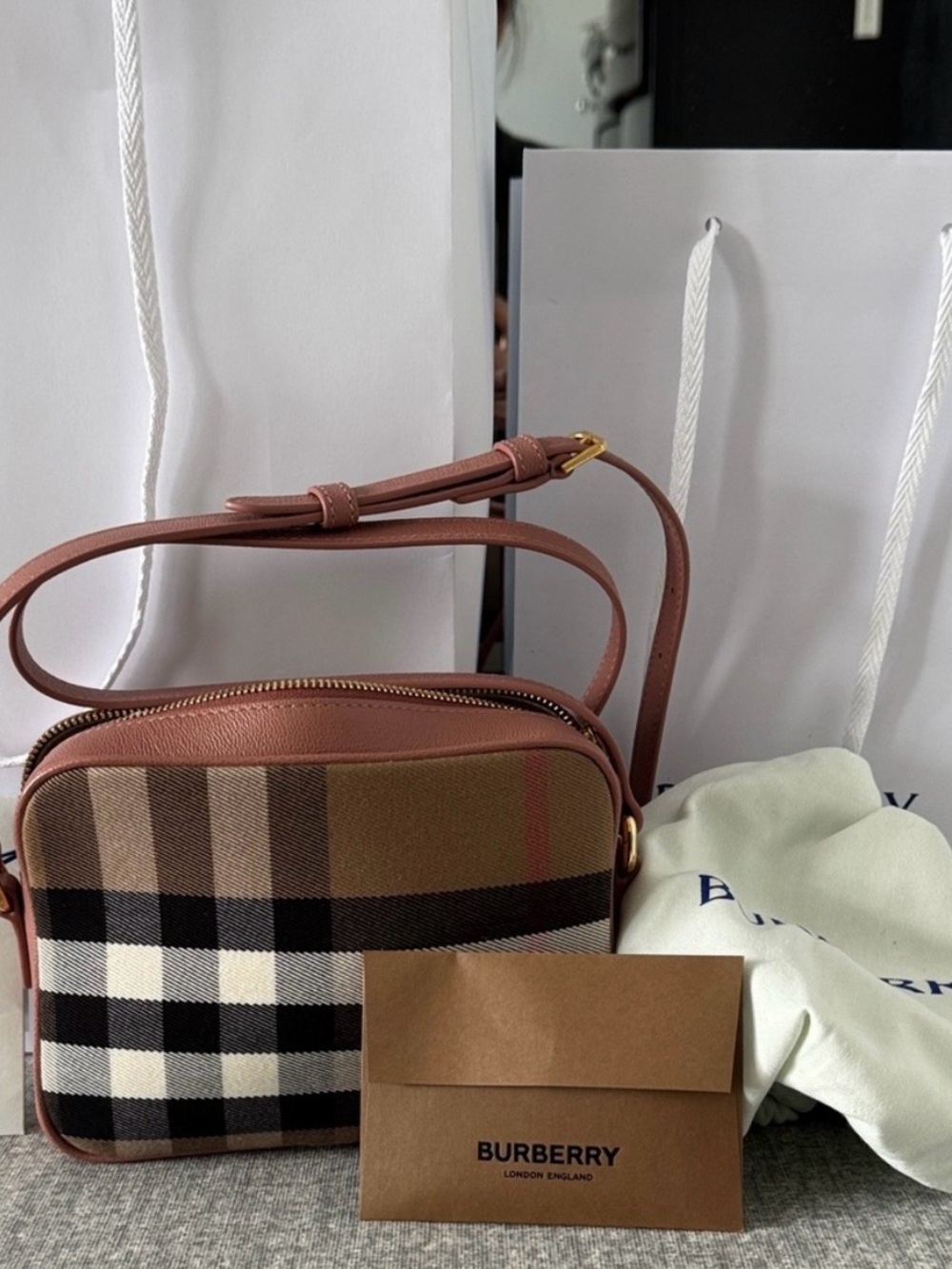 Burberry Brown Check Canvas Crossbody Camera Bag Rose nwt
